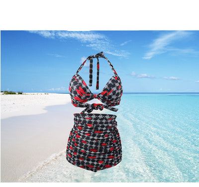 Rose bikini with a black, white, and red houndstooth pattern. Features a halter top and ruched high-waisted bottoms. - Image 11