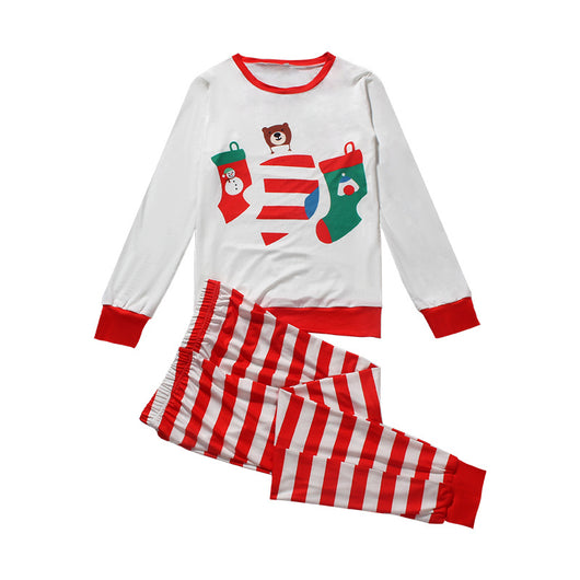 Red and white striped parent-child pajama set with a long-sleeved top featuring Christmas stockings and a bear graphic. - Image 5