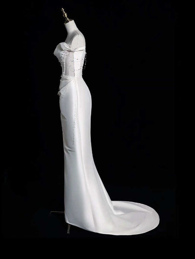 Vestido de Fiesta Satinado Hombros Descubiertos con Perlas - Image 5