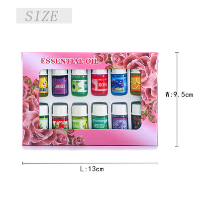 A 12-piece essential oil set in a decorative pink box with a rose floral design. Includes scents like Lavender, Rose, Lemon, and Green Tea. - Image 7