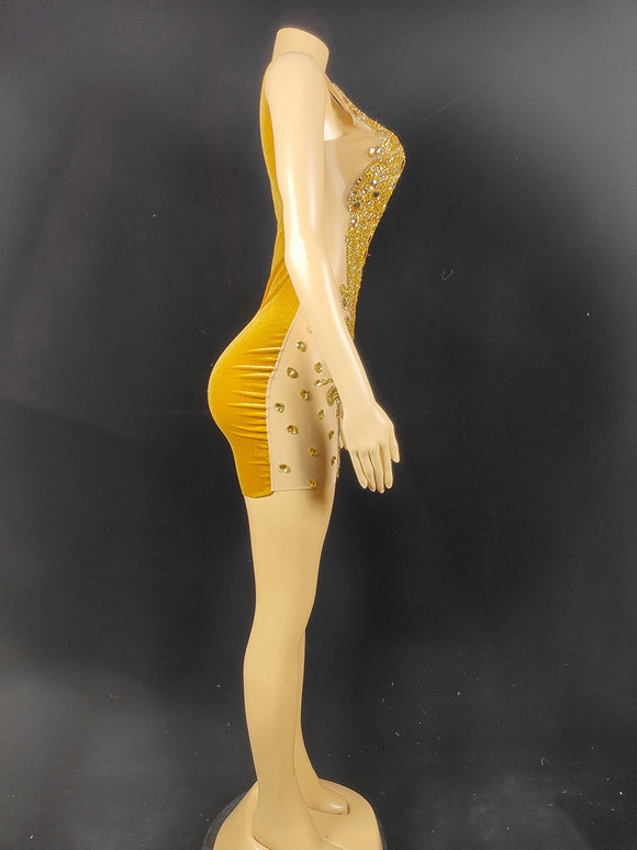 Vestido Ajustado Transparente con Strass de Color Sólido