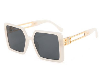 Women's large frame square sunglasses with black plastic frames, purple gradient lenses, and gold-tone metal temples. - Image 6