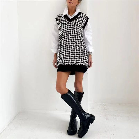 Chaleco Suéter Suelto Cuello V Estampado Pata de Gallo para Mujer - Image 10