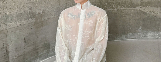 Camisa Manga Larga Cuello Mao con Diseño Floral 3D Semitransparente - Image 10