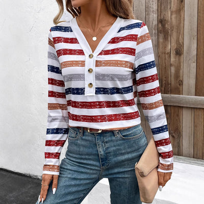 Blusa Mujer Rayas Cuello V Manga Larga con Detalles de Cierre - Image 4
