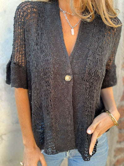 Cardigan Calado con Cuello en V y Botón Simple - Blusa Tejida Elegante para Mujer - Image 12