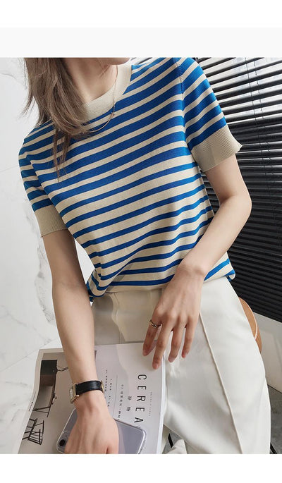 Blusa Holgada Ice Silk a Rayas con Cuello Redondo para Mujer - Image 7