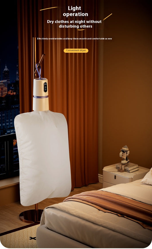 White and blue mini household air dryer with a digital display and hanging loop, shown next to a gold smartphone. - Image 16