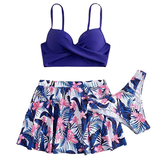 Fuchsia tropical print three-piece swimsuit with high-waisted swim skirt and matching bikini bottoms. - Image 5