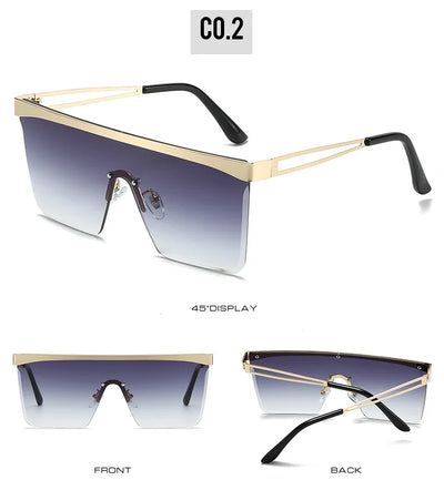 Gold frame square sunglasses with a one-piece gradient blue lens and black temple tips. - Image 20