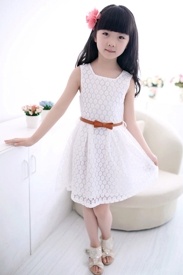 Vestido Princesa Niña con Chaleco de Encaje Calado y Cinturón