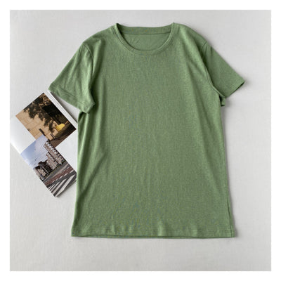 Playera Holgada de Algodón y Lino Manga Corta Cuello Redondo - Image 54