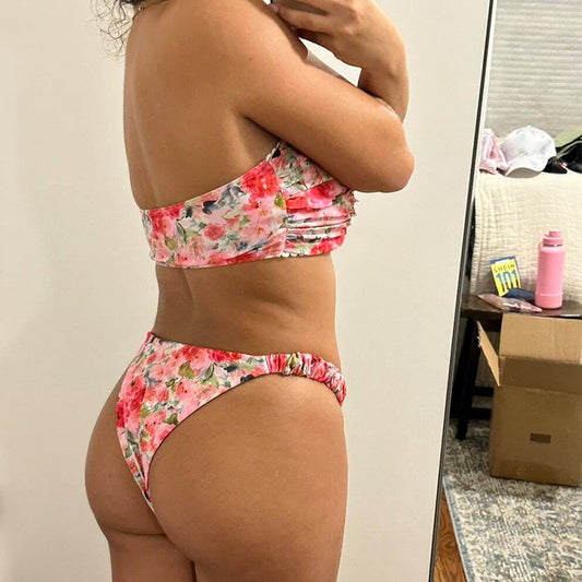 Floral print tube top bikini with blue and purple flowers, white lace trim, and a central ring detail. - Image 2