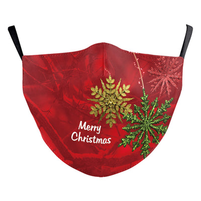 Black double-layer dust mask with a vibrant, multi-colored snowflake digital print and ear hooks. - Image 28