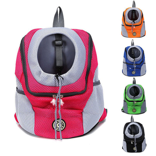 Orange and grey pet carrier backpack with breathable mesh, adjustable neck opening, and front zipper pocket.