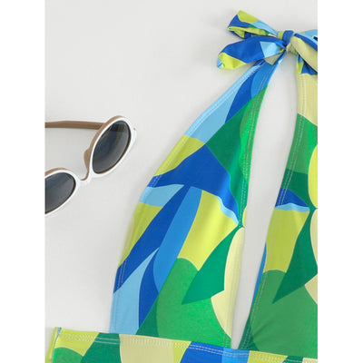 Sexy lace-up backless beach swimwear skirt set with a vibrant blue, green, and yellow geometric print. - Image 4