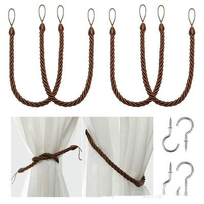 Four beige twisted rope curtain tie-backs with loops, shown with two silver screw-in hooks and on sheer white curtains. - Image 9