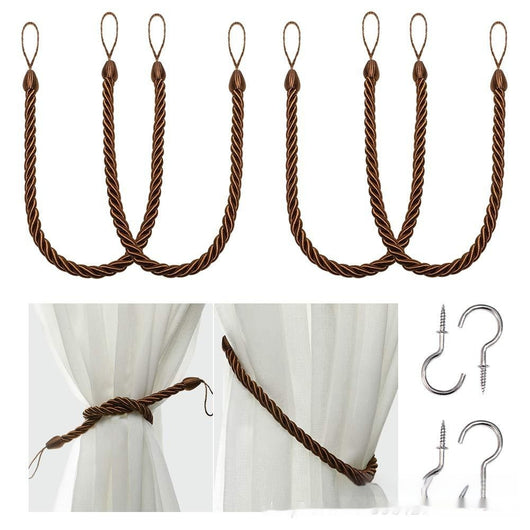 Four beige twisted rope curtain tie-backs with loops, shown with two silver screw-in hooks and on sheer white curtains. - Image 9