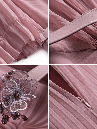 Vestido Elegante con Pliegues y Detalle Floral en la Cintura - Image 4