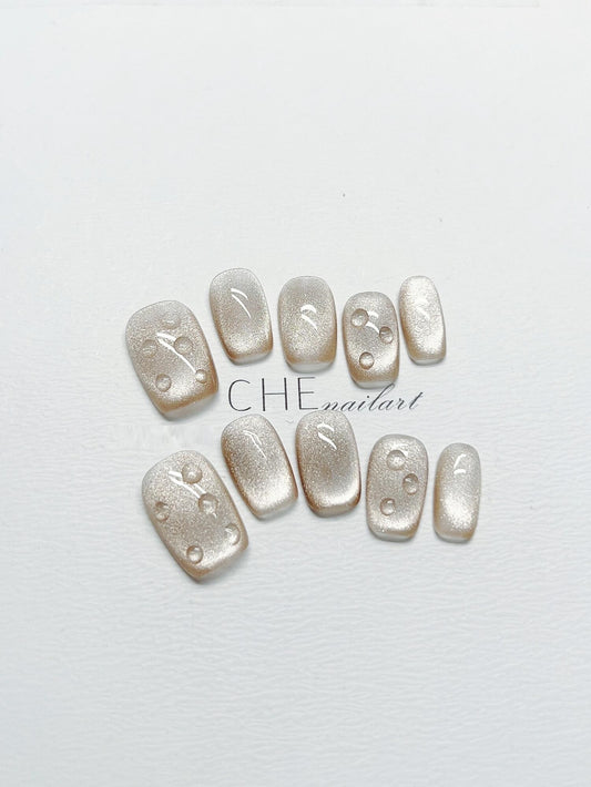 Uñas Postizas Cat Eye con Perlas de Agua - Diseño Sólido Corto - Image 2