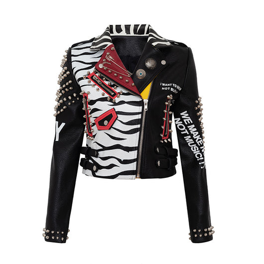Chaqueta de Cuero Slim con Diseño Graffiti - Estilo Europeo y Americano para Mujer