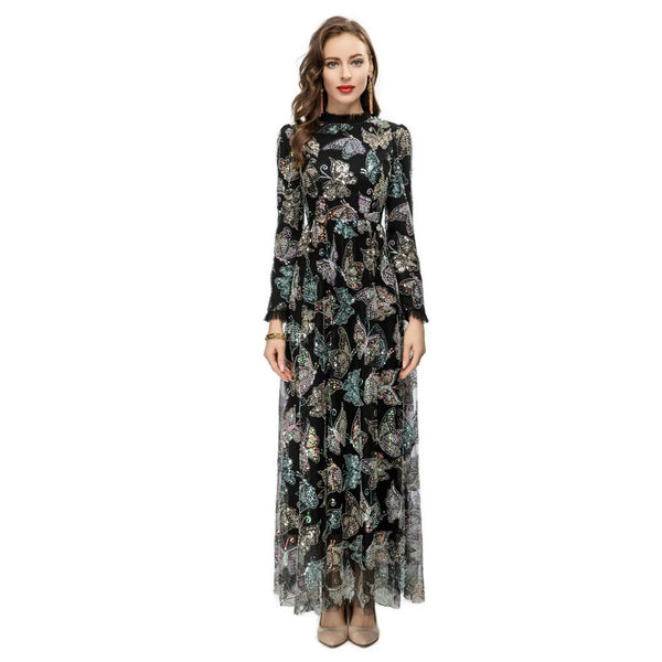 Vestido Largo con Mangas y Diseño de Mariposas Lentejuelas Brillantes