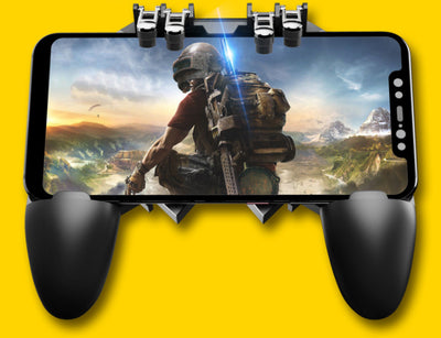 AK66 six-finger four-key gamepad attached to a smartphone displaying a video game, with ergonomic black grips. - Image 6