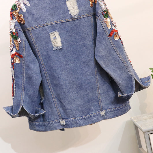 Chaqueta Denim Oversized con Bordados y Lentejuelas Reductora para Mujer - Image 15