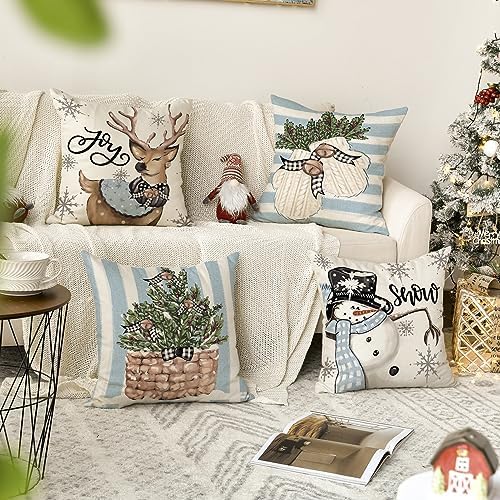 Set de 4 Fundas de Cojines Navideños Muñeco de Nieve y Reno 18x18 Pulgadas