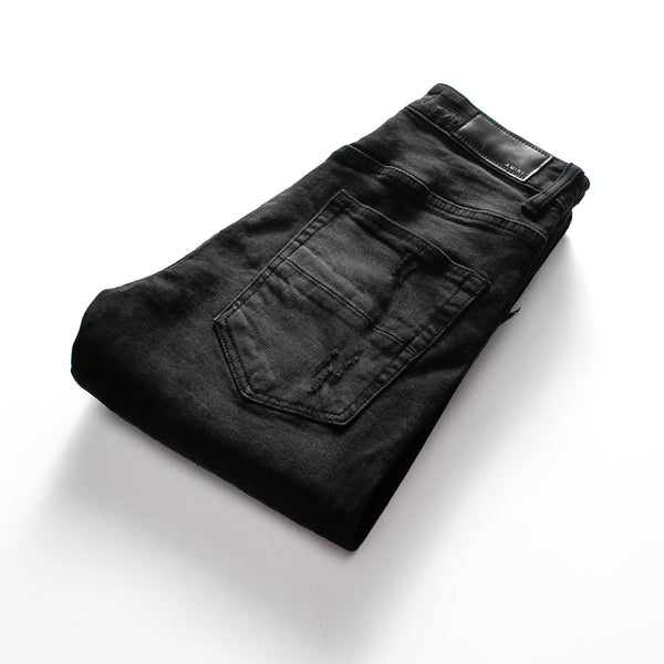 Jeans Slim Fit Negro con Parches Estilo Hong Kong para Hombre