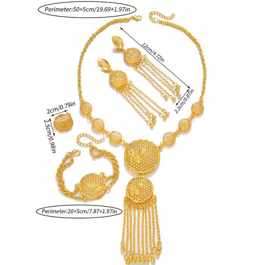 Gold butterfly jewelry set with filigree design, including a necklace, tassel earrings, bracelet, and ring. - Image 4