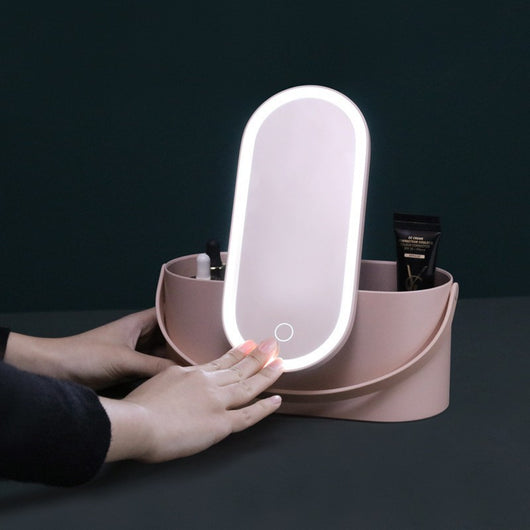 Espejo de Maquillaje Portátil con Almacenamiento LED y Luz Integrada