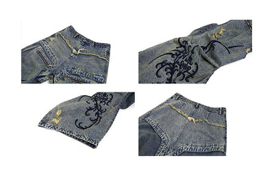 Jeans Vintage Desgastado con Cremallera y Bordados Plisados - Image 12