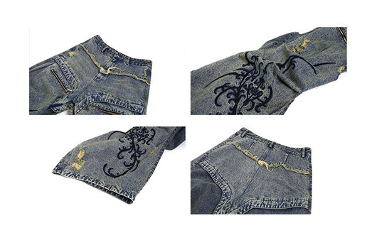 Jeans Vintage Desgastado con Cremallera y Bordados Plisados - Image 12