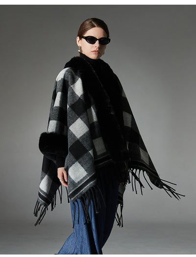 Chal Cuadros Blanco y Negro con Cuello de Piel - Estilo Europeo Otoño Invierno - Image 13