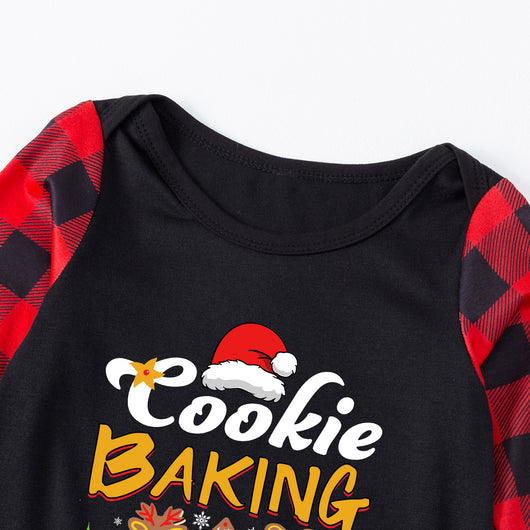 Baby black romper with red plaid sleeves and cuffs, featuring a "Cookie Baking Crew" graphic with Christmas icons. - Image 11