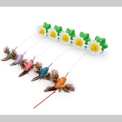 Electric pet toy with a row of white and yellow daisy flowers, green leaves, and five colorful feather birds on wires. - Image 14