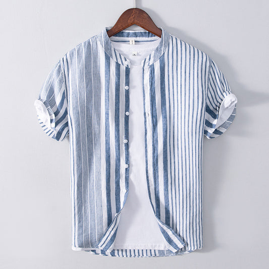 Camisa Casual de Lino Manga Corta a Rayas para Hombre Transpirable