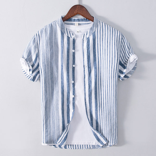Camisa Casual de Lino Manga Corta a Rayas para Hombre Transpirable