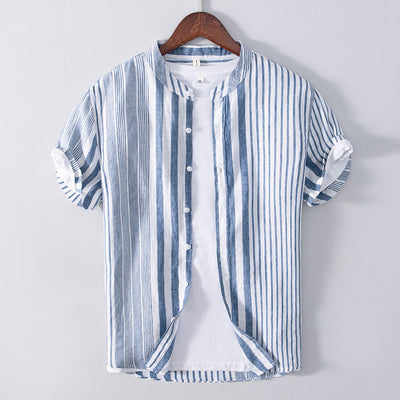 Camisa Casual de Lino Manga Corta a Rayas para Hombre Transpirable