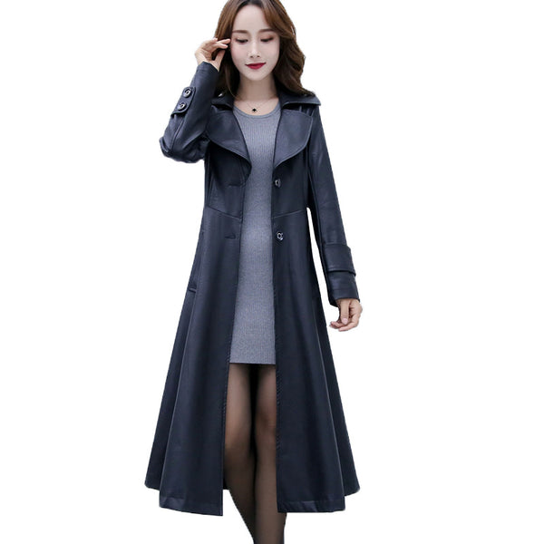 Abrigo de Cuero Largo para Mujer Talla Grande - Corte Slim Elegante