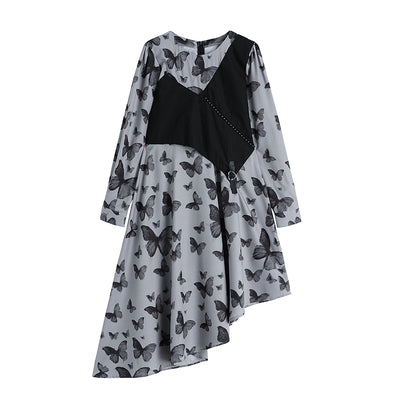 Vestido Otoñal Retro con Estampado de Mariposas y Diseño Superpuesto