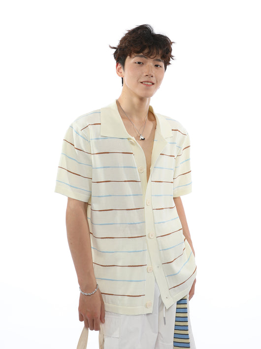 Cardigan Polo de Punto Rayas Manga Corta con Solapa - Image 2