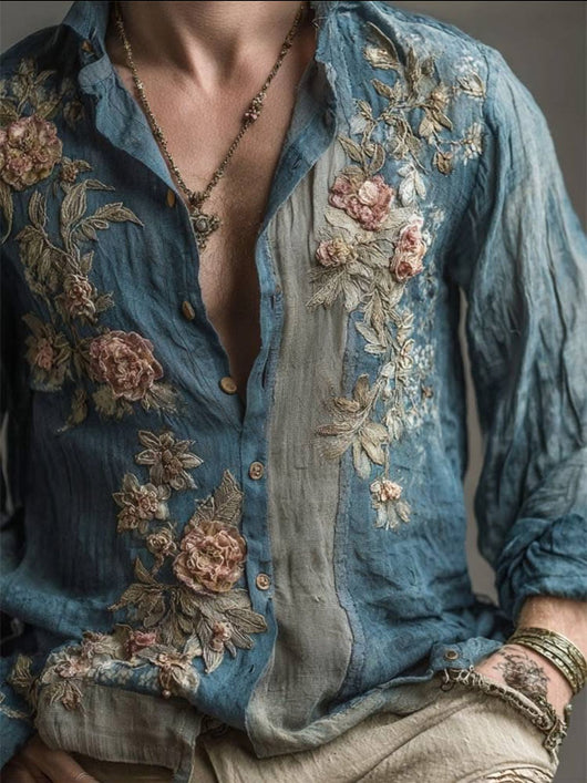 Camisa Floral Holgada de Manga Larga Estilo Retro Americano para Hombre - Image 9