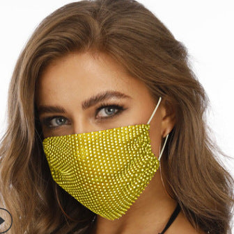 Black fishnet-shaped face mask with star pattern and clear rhinestones, worn by a woman with light brown hair. - Image 19
