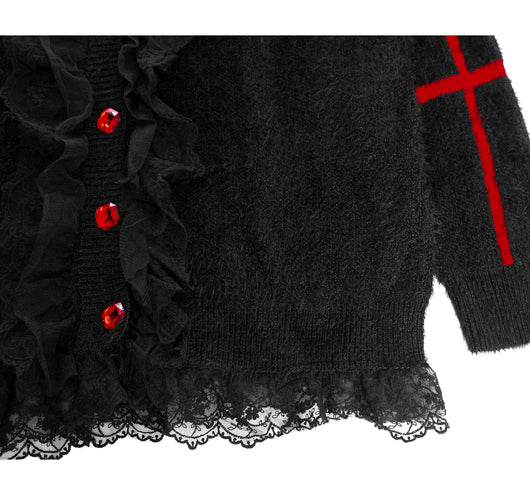 Suéter Abrigo Rojo con Encaje y Detalles de Cruz - Image 6
