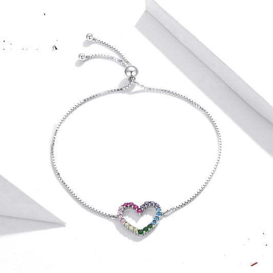 Pulsera de Corazón Plata Esterlina Arcoíris Ajustable - Joya del Amor