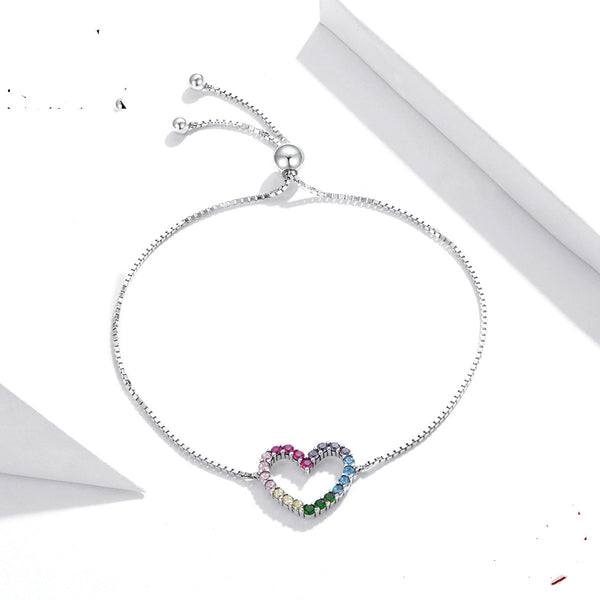 Pulsera de Corazón Plata Esterlina Arcoíris Ajustable - Joya del Amor