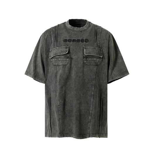 Playera Retro de Trabajo con Bolsillos Decorativos y Efecto Desgastado - Image 2