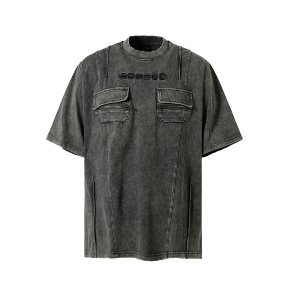 Camiseta Retrô de Trabalho com Bolsos Decorativos e Efeito Desgastado